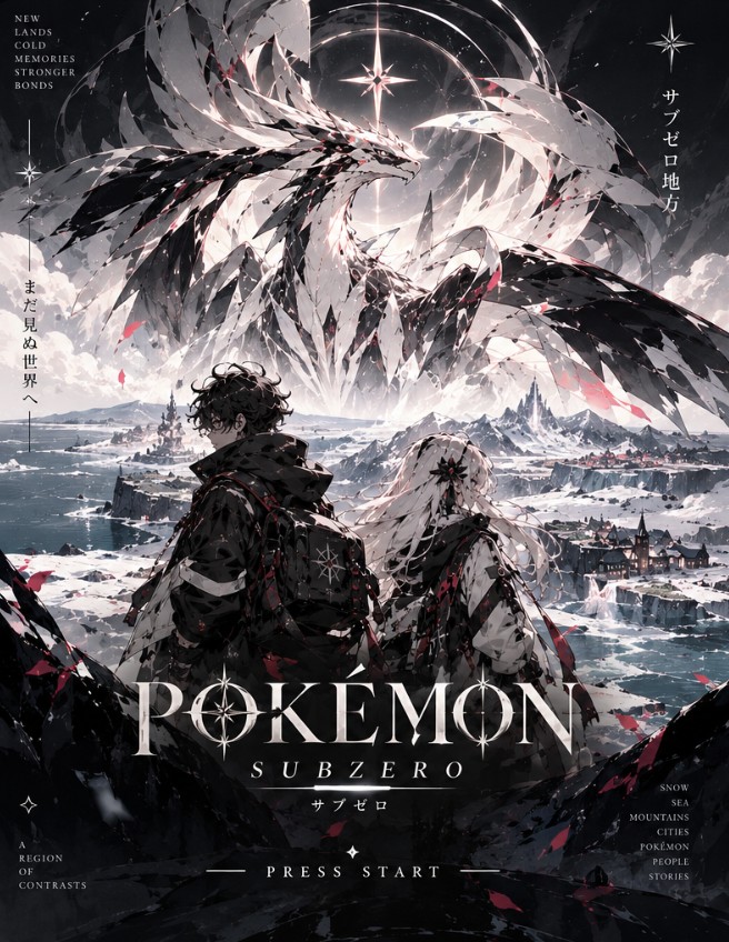 Pokémon Subzero key art: the two trainers look out over the frozen region while a great crystal dragon spreads its wings above them