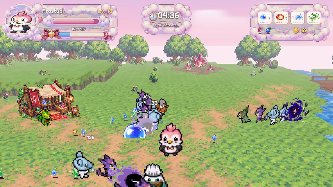 Dream Rift gameplay: Frostupi fights a swarm of wild Pokémon in a pastel meadow, next to Kecleon's shop