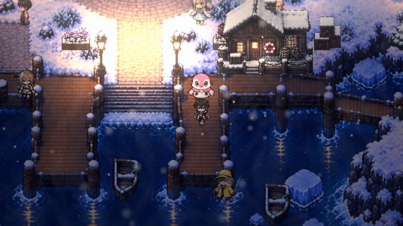 Frostharbor's docks at night, with footprints in the snow