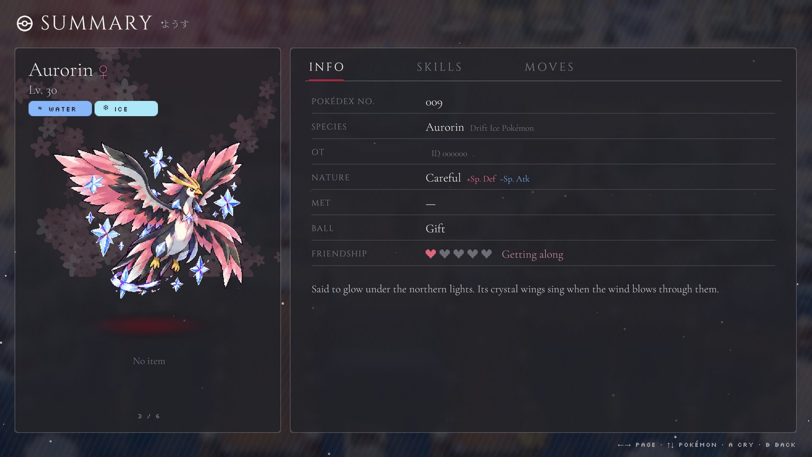 The new Pokémon summary screen showing Aurorin