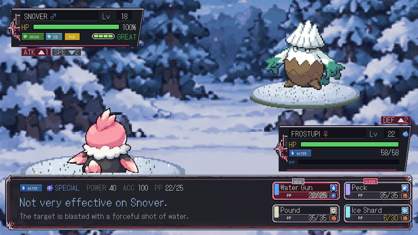 A battle against a wild Snover, with the move menu open