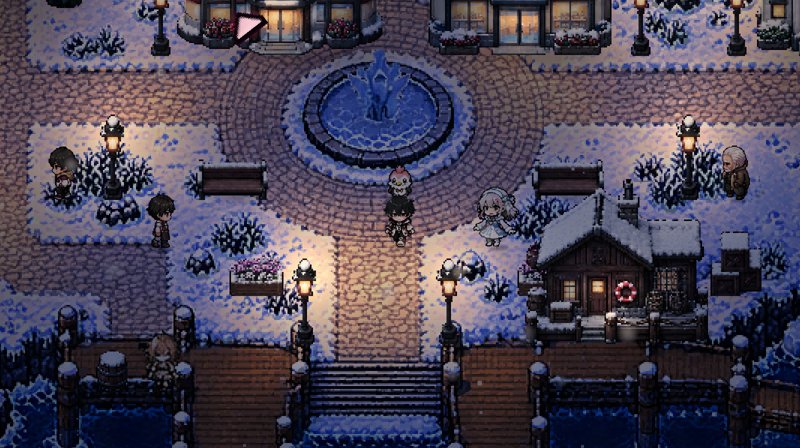 Frostharbor's plaza at night with the frozen fountain and lamplight