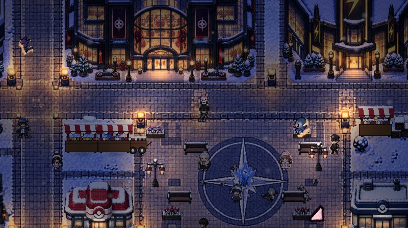 Oslo's compass-star plaza at night, with market stalls and the Galleria